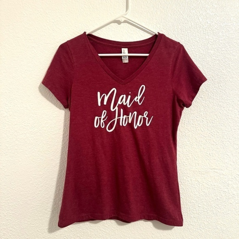 Maid of Honor T-Shirt Women’s S Maroon V-Neck Short Sleeve Top